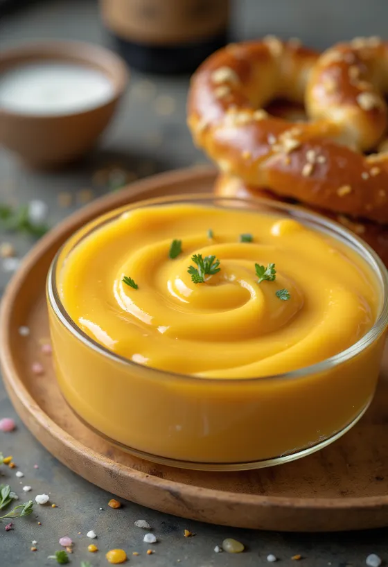 Σάλτσα τυριού τσένταρ με μπύρα σε μπολ, διακοσμημένη με φρέσκο μαϊντανό, δίπλα σε νάτσος.