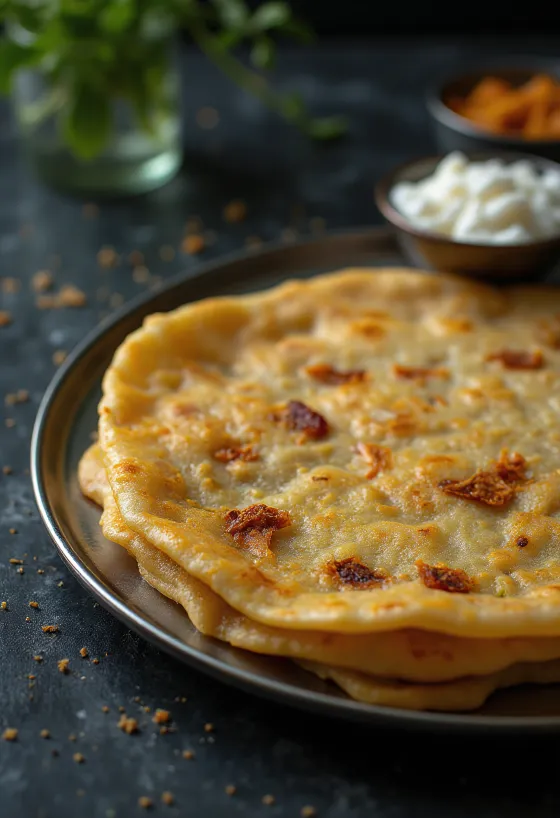 Adai dosa φρέσκο, τραγανισμένο, σερβιρισμένο με πικάντικη γέμιση