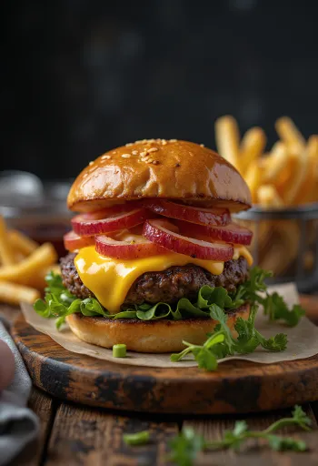 Bison burger με λιωμένο τυρί και φρέσκα λαχανικά