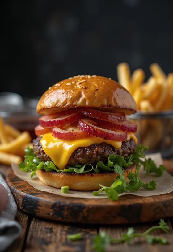 Bison burger με λιωμένο τυρί και φρέσκα λαχανικά