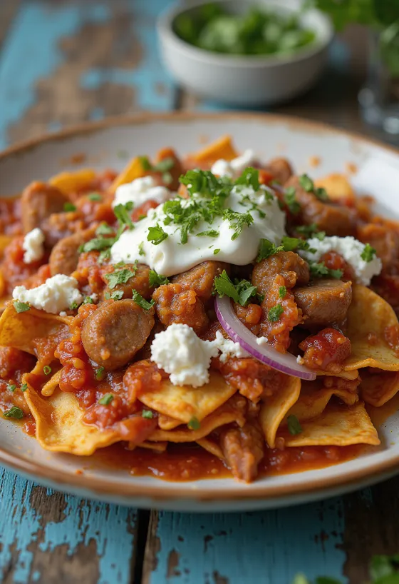 Chilaquiles με longaniza, σερβιρισμένα με φρέσκο κόλιανδρο, γιαούρτι και τυρί