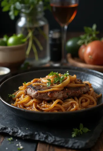 Bistec Encebollado σερβιρισμένο με κρεμμύδι και γαρνιτούρα