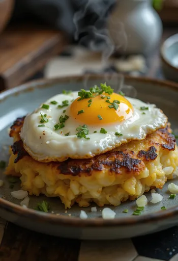 Bubble and squeak σερβιρισμένο με αυγό, με χρυσοκάστανη τραγανή στρώση και αυγό μάτι