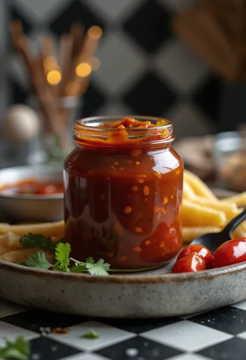 Καπνιστή σάλτσα μπάρμπεκιου με τσίλι σερβιρισμένη