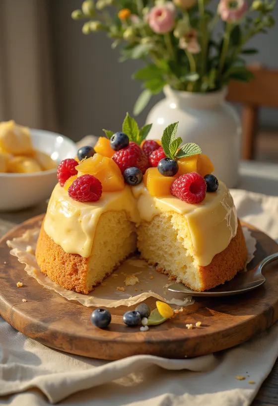 Φρέσκια τάρτα φρούτων με πολύχρωμα φρούτα και γυαλιστερή στρώση ζελέ