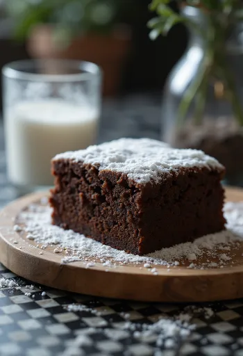 Κέικ κακάο κομμένο σε φέτες, πασπαλισμένο με ζάχαρη άχνη