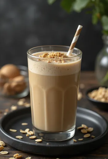 Smoothie καφέ σε ψηλό ποτήρι, με καλαμάκι και φέτες μπανάνας
