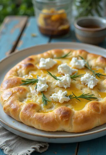 Focaccia με μέλι, δεντρολίβανο και κατσικίσιο τυρί σερβιρισμένη