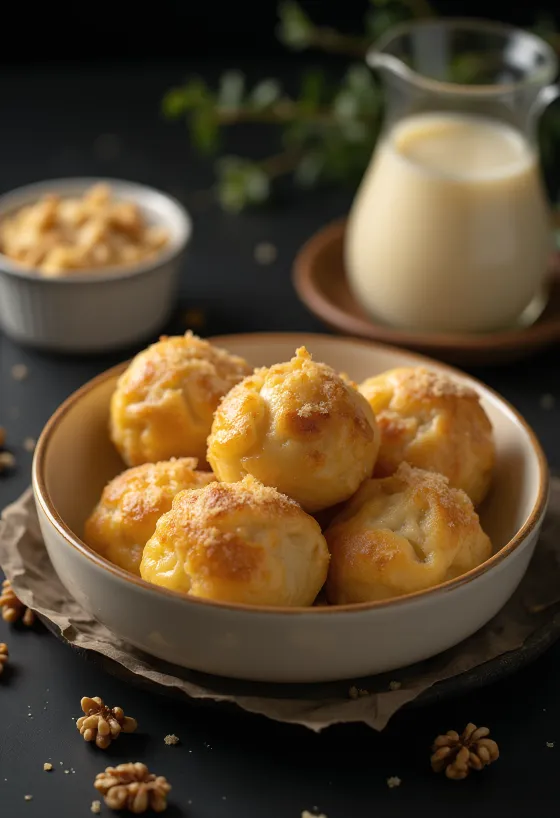 Παραδοσιακά Χρυσά Γκαλούσκα με σάλτσα βανίλιας, στρώσεις καρυδιού και αφράτη ζύμη.