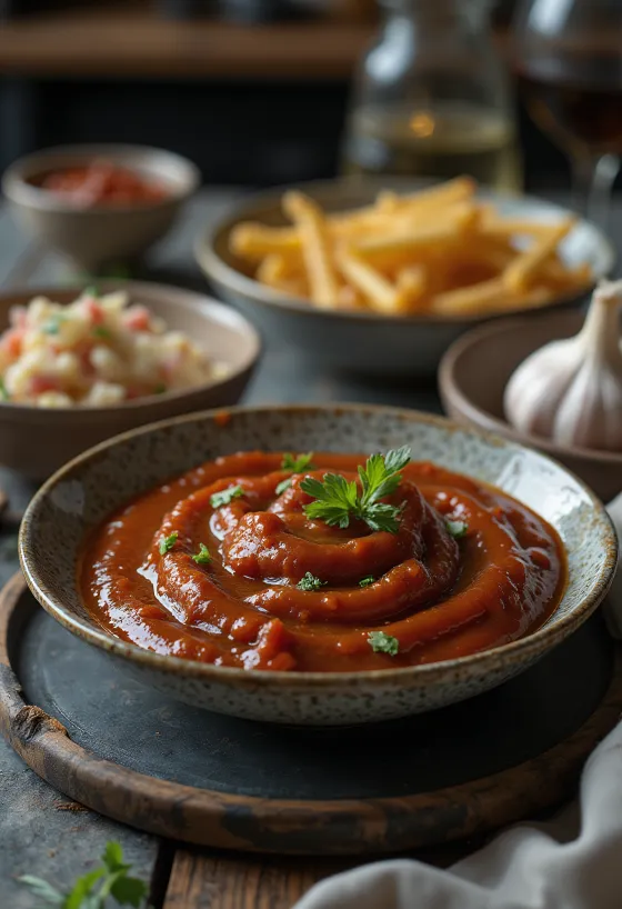 Καπνιστή σάλτσα μπάρμπεκιου με σκόρδο σερβιρισμένη