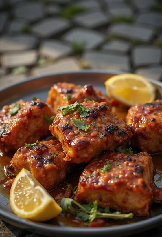 Κατσίκι Tandoori σερβιρισμένο με ψωμί νάαν και φρέσκο κόλιανδρο.