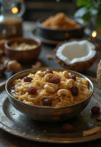 Ada Pradhaman, σερβιρισμένο με γάλα καρύδας και ροδόνερο