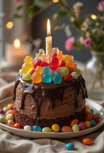Τούρτα σοκολάτας με ζαχαρωτά διακοσμημένη με πολύχρωμα ζαχαρωτά και πέρλες