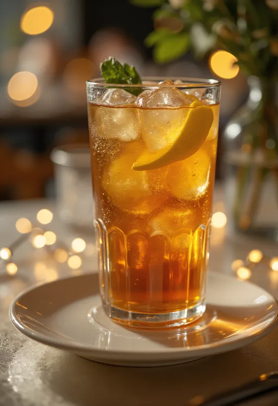 Κοκτέιλ Long Island Iced Tea σε ψηλό ποτήρι με φέτα λεμονιού και πάγο
