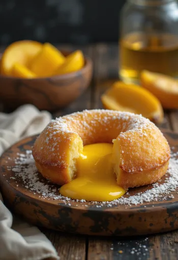 Malasada με κρέμα μάνγκο διακοσμημένη με ζάχαρη άχνη και φρέσκα φύλλα μέντας