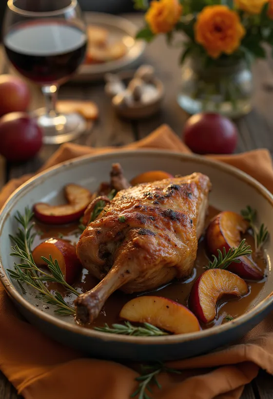 Τραγανό ψητό μπούτι πάπιας σερβιρισμένο με πουρέ πατάτας και κοκκινιστό λάχανο