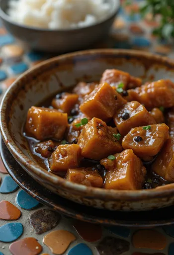 Adobo με χοιρινό, σερβιρισμένο δίπλα σε ρύζι και φρέσκο κόλιανδρο