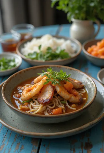 Bun Cha σερβιρισμένο με ρυζομακάρονα και φρέσκα λαχανικά