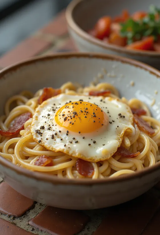 Ράμεν Καρμπονάρα σερβιρισμένο με κρεμώδη σάλτσα και μπέικον