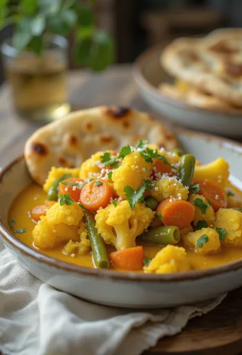 Λαχανικά στον ατμό με κάρυ, πιάτο με γάλα καρύδας και μπαχαρικά