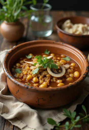 Pozole con setas σερβιρισμένο με λάιμ, κόλιανδρο και φρέσκο κρεμμυδάκι