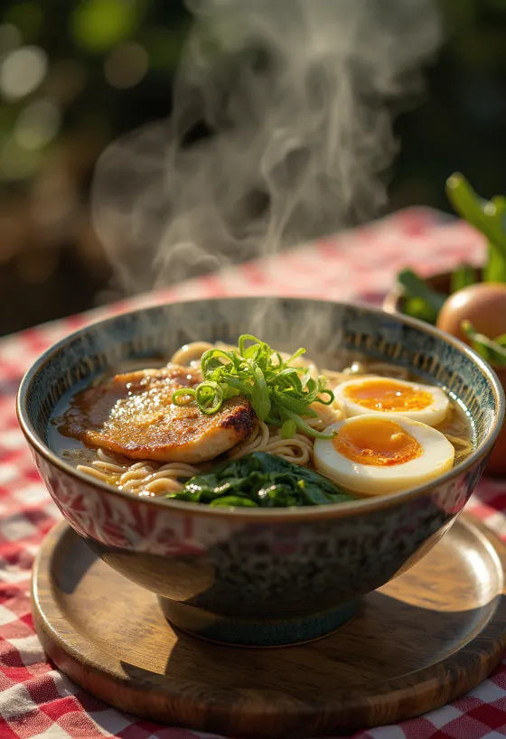 Ramen με ψητό φιλέτο κοτόπουλο, σερβιρισμένο με αυγό και φρέσκα λαχανικά