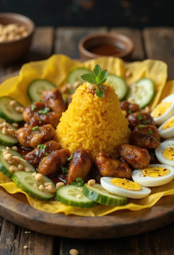 Tumpeng σερβιρισμένο με ψητό κοτόπουλο και φιστίκια