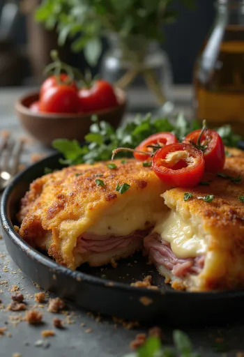 Cachopo σερβιρισμένο με τηγανητές πατάτες και λεμόνι