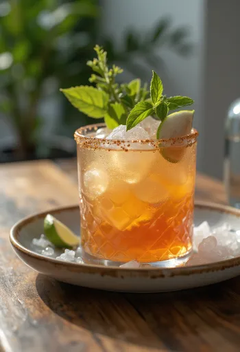 Κοκτέιλ Mai Tai με τριμμένο πάγο, μέντα και λάιμ σε ποτήρι