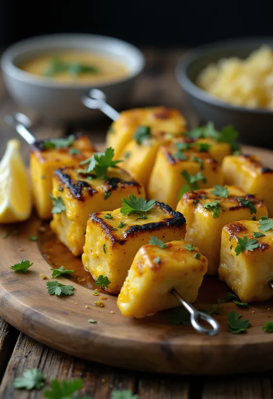 Achari paneer tikka, ψητά κομμάτια paneer, καρυκευμένα σε μαρινάδα γιαουρτιού, σερβιρισμένα με φρέσκο κόλιανδρο και λεμόνι