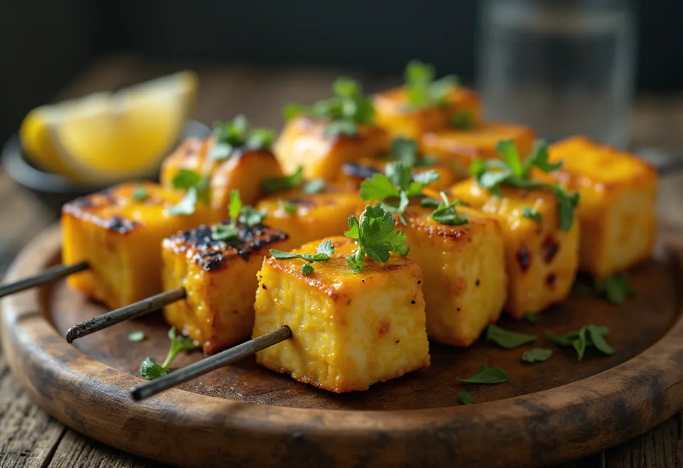 Achari paneer tikka, ψητά κομμάτια paneer, καρυκευμένα σε μαρινάδα γιαουρτιού, σερβιρισμένα με φρέσκο κόλιανδρο και λεμόνι