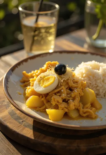 Ají de Gallina με κρεμμύδι, σερβιρισμένο με φρέσκο αυγό και αμύγδαλο φιλέ