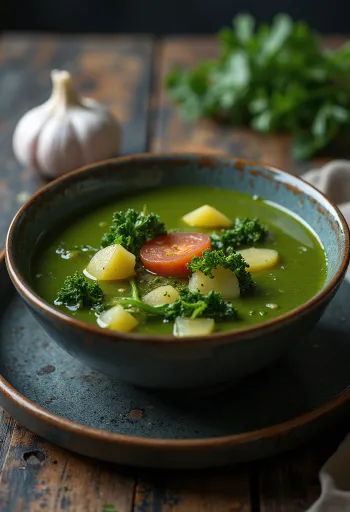 Caldo verde με σκόρδο, πλούσιο σε πατάτες, φύλλα kale και σερβιρισμένο με chorizo.