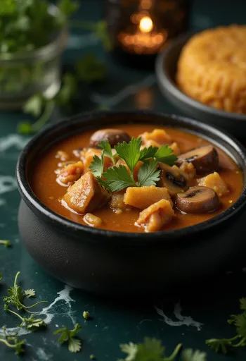 Σούπα Egusi με ντομάτα, σερβιρισμένη με μοσχαρίσιο κρέας και φρέσκο κόλιανδρο