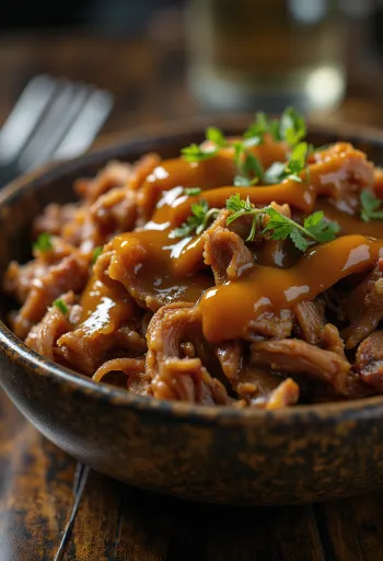 Καπνιστό BBQ pulled pork με σάλτσα μουστάρδας σερβιρισμένο