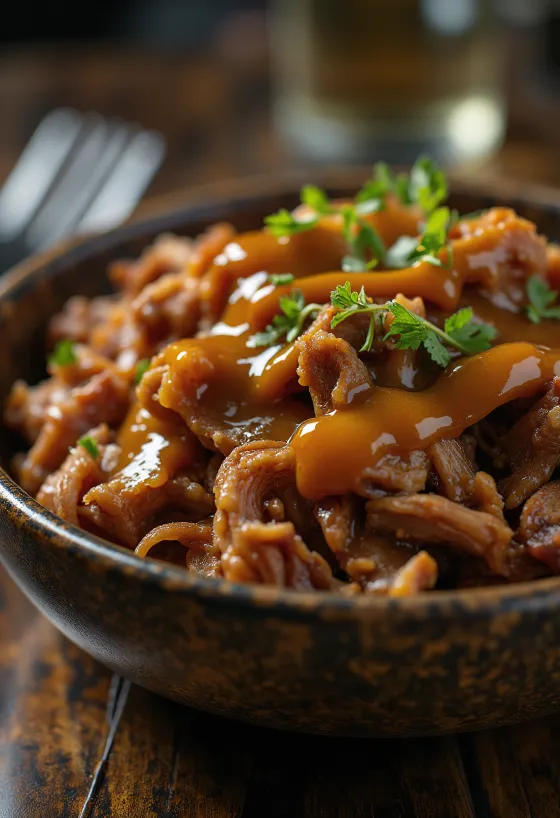 Καπνιστό BBQ pulled pork με σάλτσα μουστάρδας σερβιρισμένο