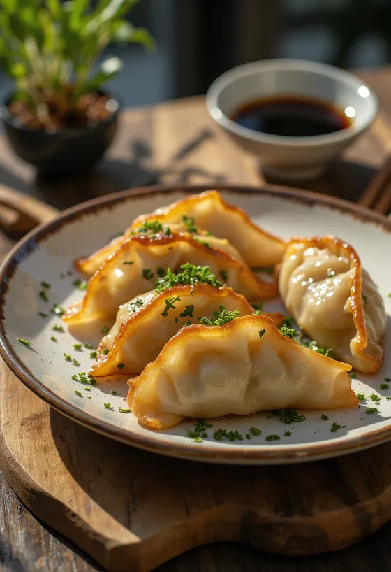 Dumplings Gyoza με γυάλινα νουντλς, τηγανισμένα χρυσοκάστανα και σερβιρισμένα με νόστιμη σάλτσα σόγιας