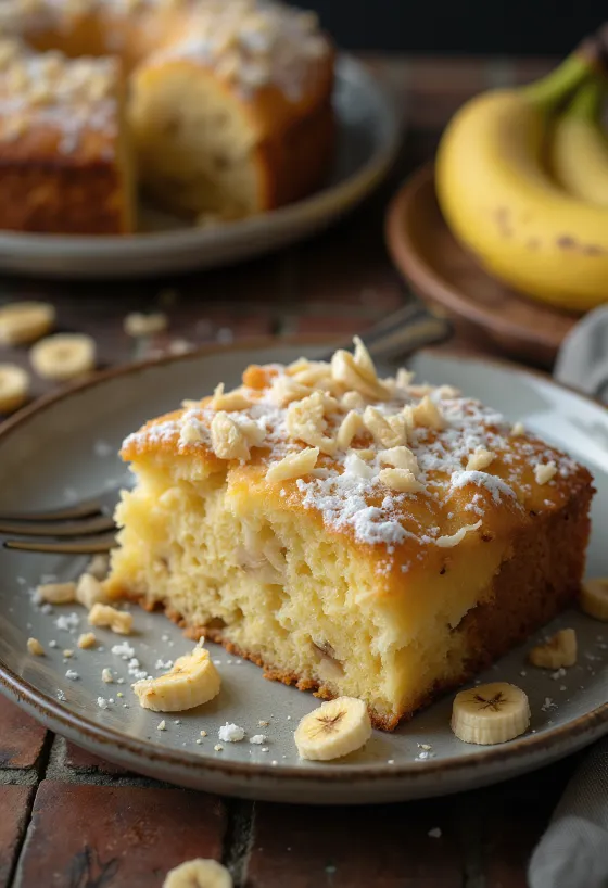 Τούρτα μπανάνας με καρύδα πασπαλισμένη με ζάχαρη άχνη και διακοσμημένη με τριμμένη καρύδα