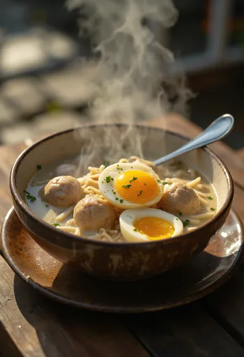 Κεφτέδες Bakso και βραστό αυγό σε πλούσια σούπα καρύδας, γαρνιρισμένη με τηγανητό κρεμμύδι