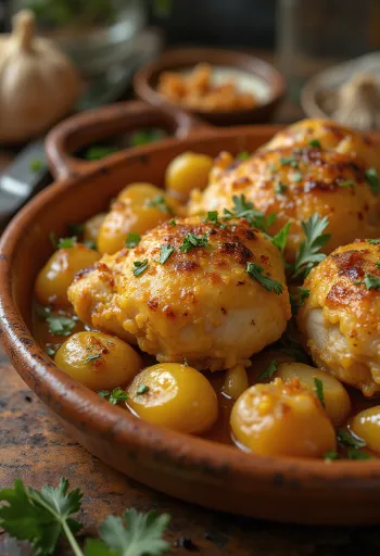 Pollo al Ajillo, ισπανικό κοτόπουλο με σκόρδο σερβιρισμένο με σάλτσα λευκού κρασιού