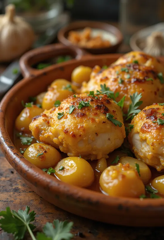Pollo al Ajillo, ισπανικό κοτόπουλο με σκόρδο σερβιρισμένο με σάλτσα λευκού κρασιού