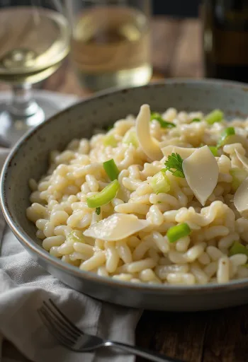 Πρεβιοτικό κρεμώδες ριζότο με πράσο, σερβιρισμένο με φρέσκια παρμεζάνα και πιπέρι