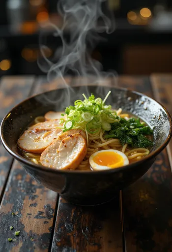 Ramen με ψητή γαλοπούλα, σερβιρισμένο με αυγό και φρέσκα λαχανικά