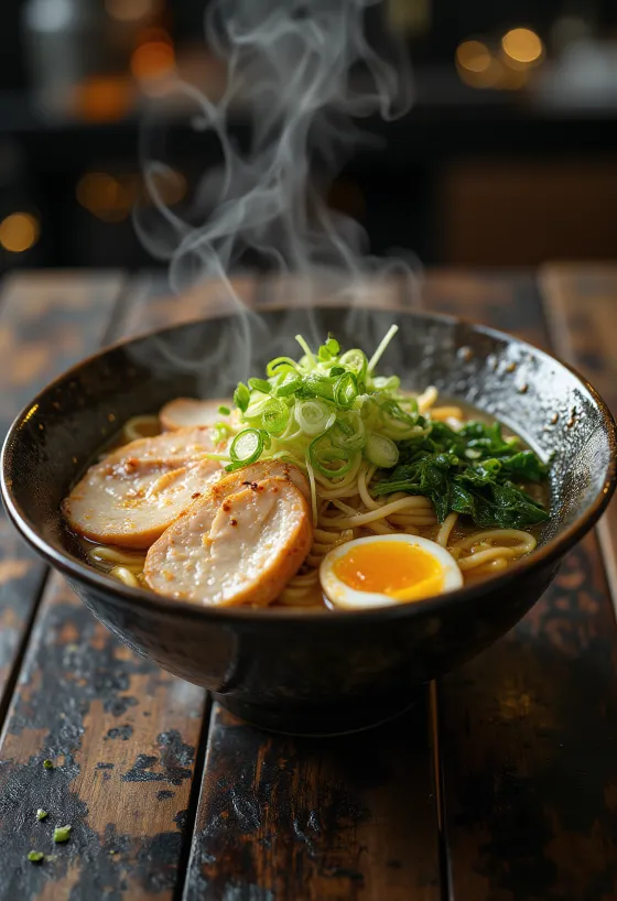 Ramen με ψητή γαλοπούλα, σερβιρισμένο με αυγό και φρέσκα λαχανικά