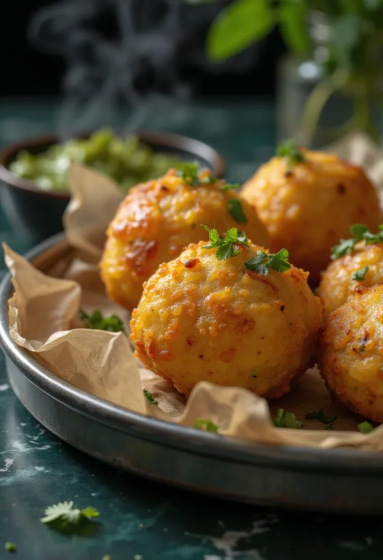 Φρεσκοφτιαγμένο Batata Vada, τραγανές πατατομπάλες, διακοσμημένες με κόλιανδρο