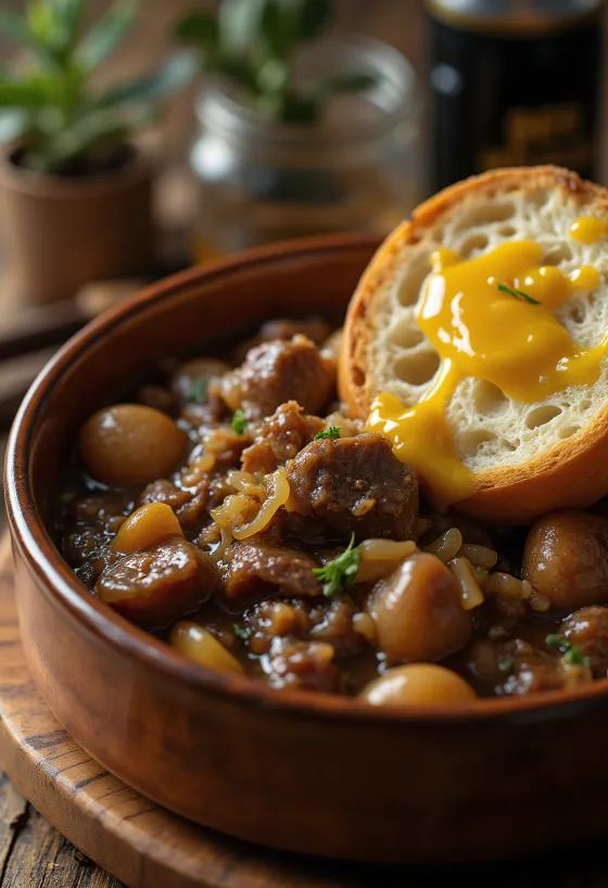 Carbonnade Flamande σερβιρισμένη με πουρέ πατάτας