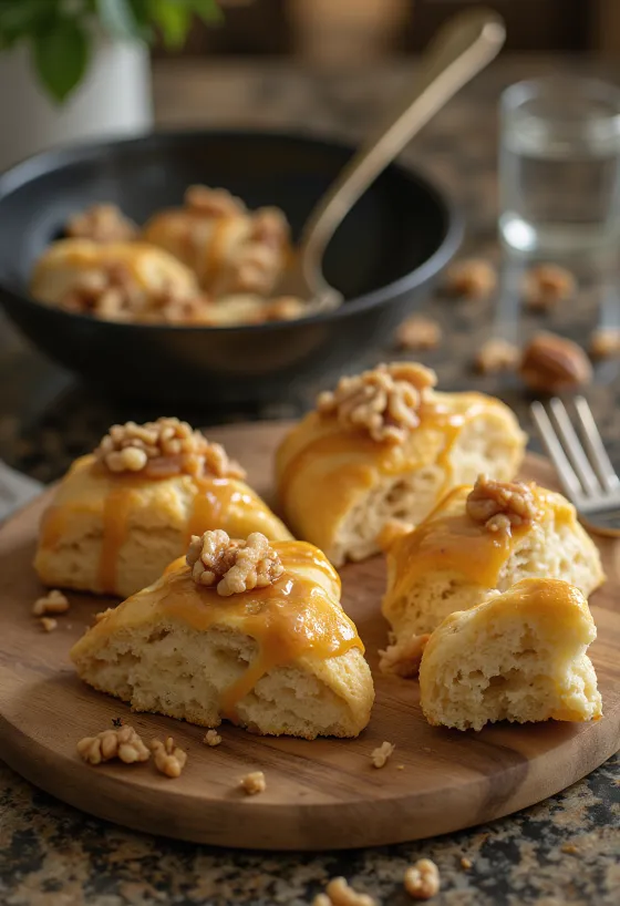 Γλυκά ψωμάκια με καρύδια και καραμέλα σερβιρισμένα