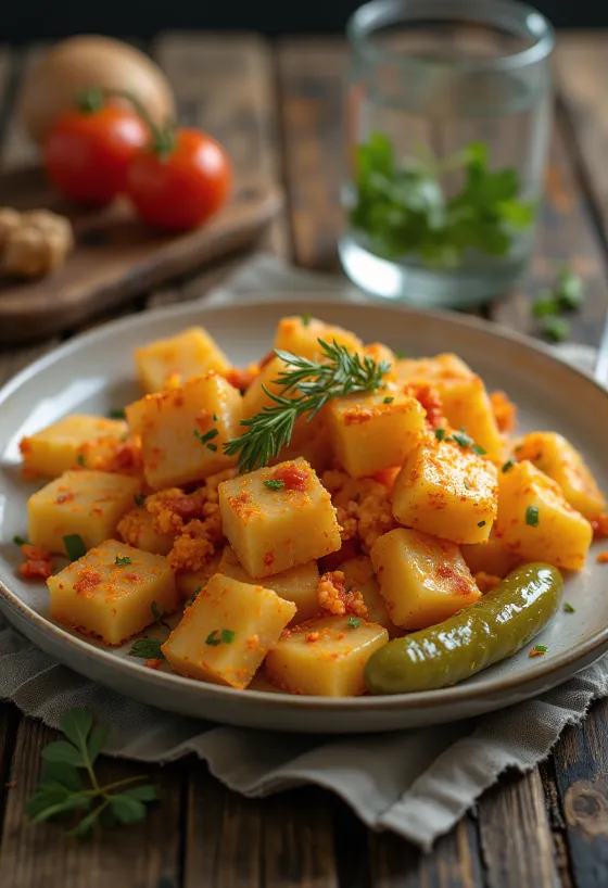 Ζυμαρικά με πατάτες σερβιρισμένα με σοταρισμένο κρεμμύδι και πάπρικα