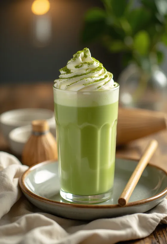 Κρεμώδες πράσινο matcha frappé με σαντιγί