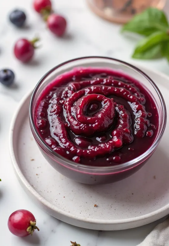 Σάλτσα κυνόροδου με κόκκινο κρασί σε μπολ, διακοσμημένη με φρέσκο δεντρολίβανο.